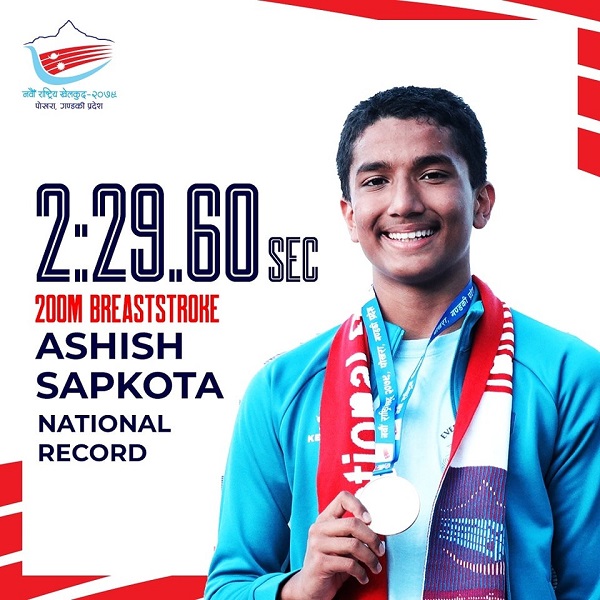 Ashish Sapkota breaks new record in Men’s Swimming