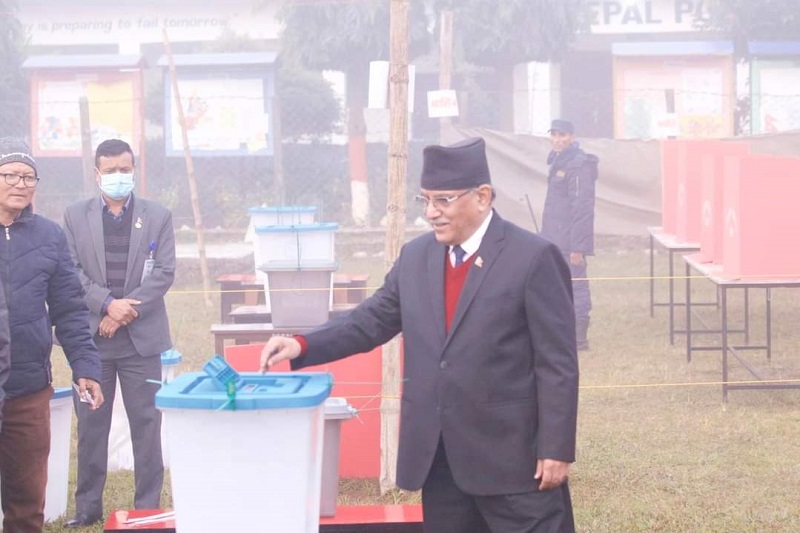 Maoist Chair Prachanda votes in Chitwan