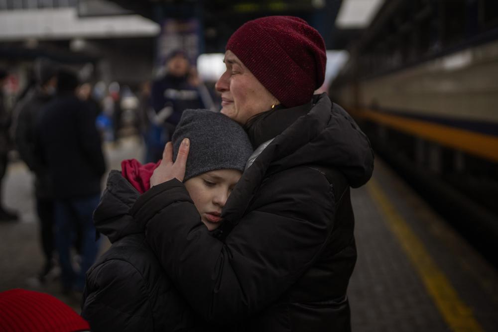 Tearful goodbyes at Kyiv train station