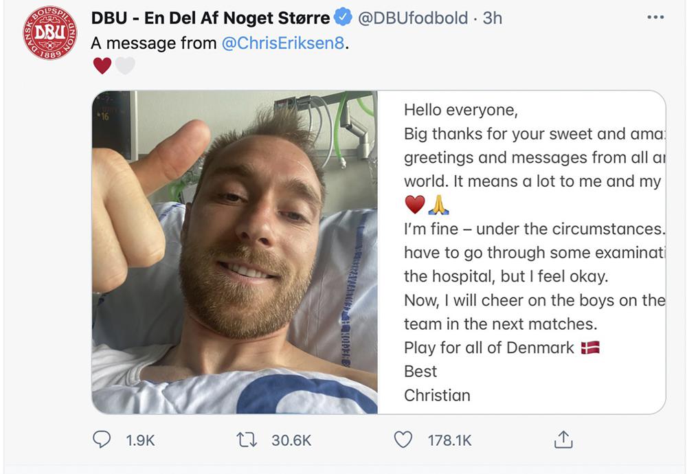 Eriksen sends public thank you message from hospital