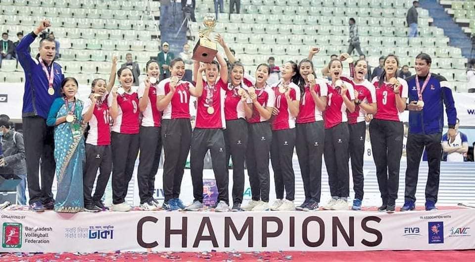 Nepali women’s volleyball team returns home as victors