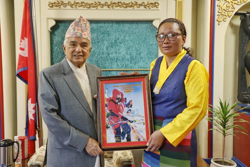 Prez congratulates Yangji Sherpa, a female climber from Sankhuwasabha