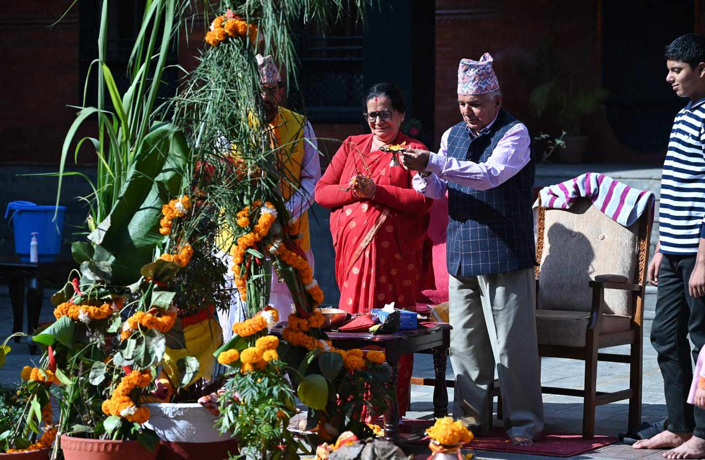 Worship of Tulsi by President Paudel