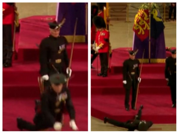 Royal Guard next to Queen Elizabeth’s coffin faints