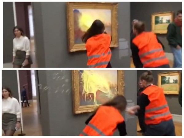 Protestors throw mashed potatoes at a painting