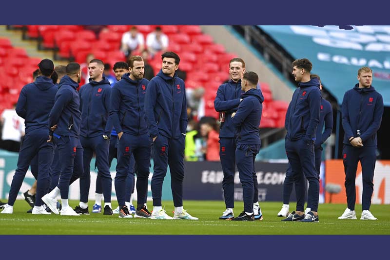 Denmark, England on field warming up at Wembley