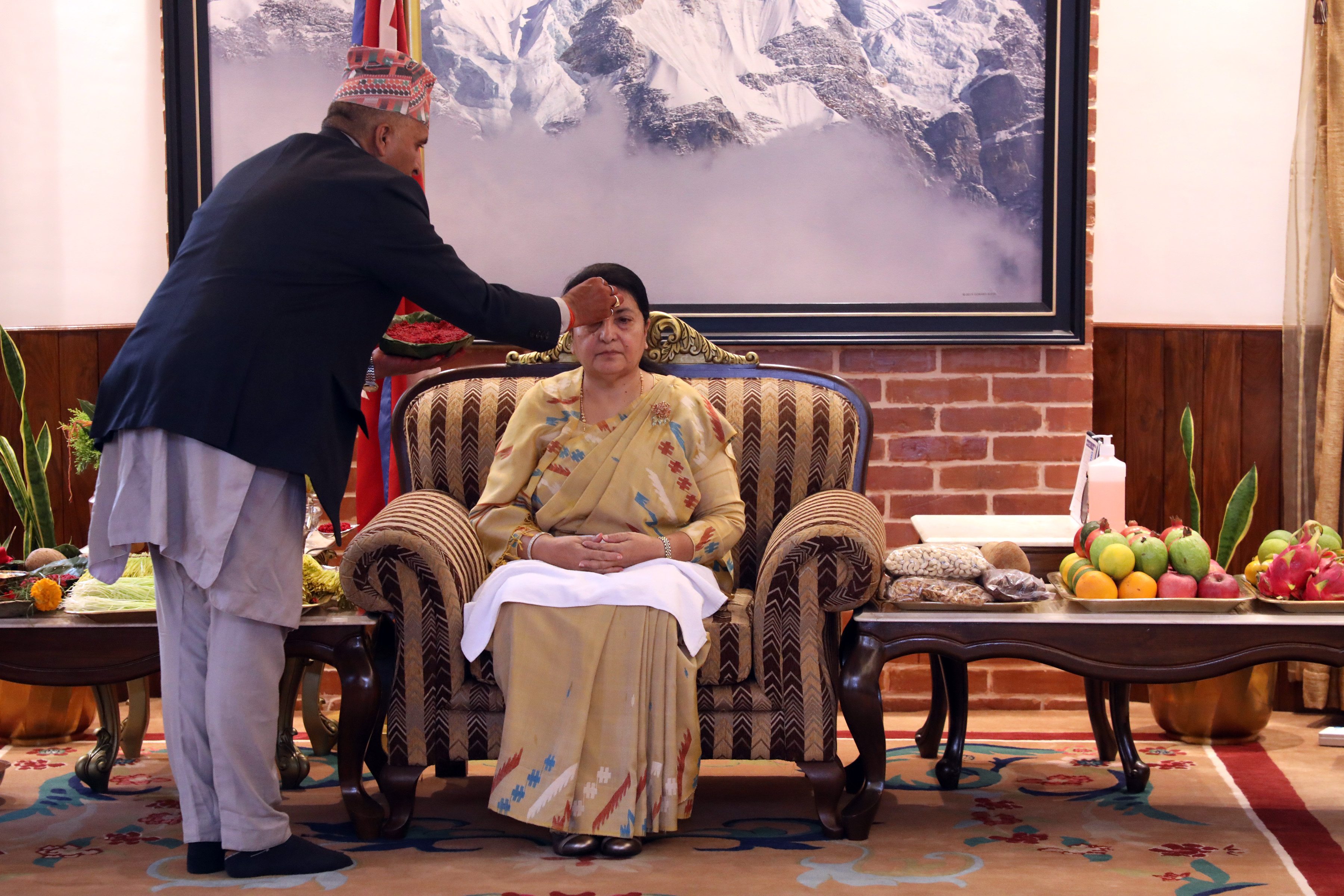 President Bhandari receives Dashain ‘tika’ from priests