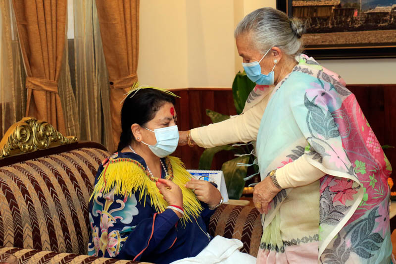 President Bidya Devi Bhandari received the tika from her mother