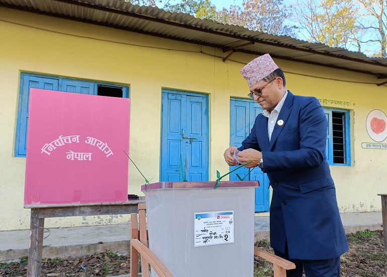 NA Chair Timilsina votes in Parbat