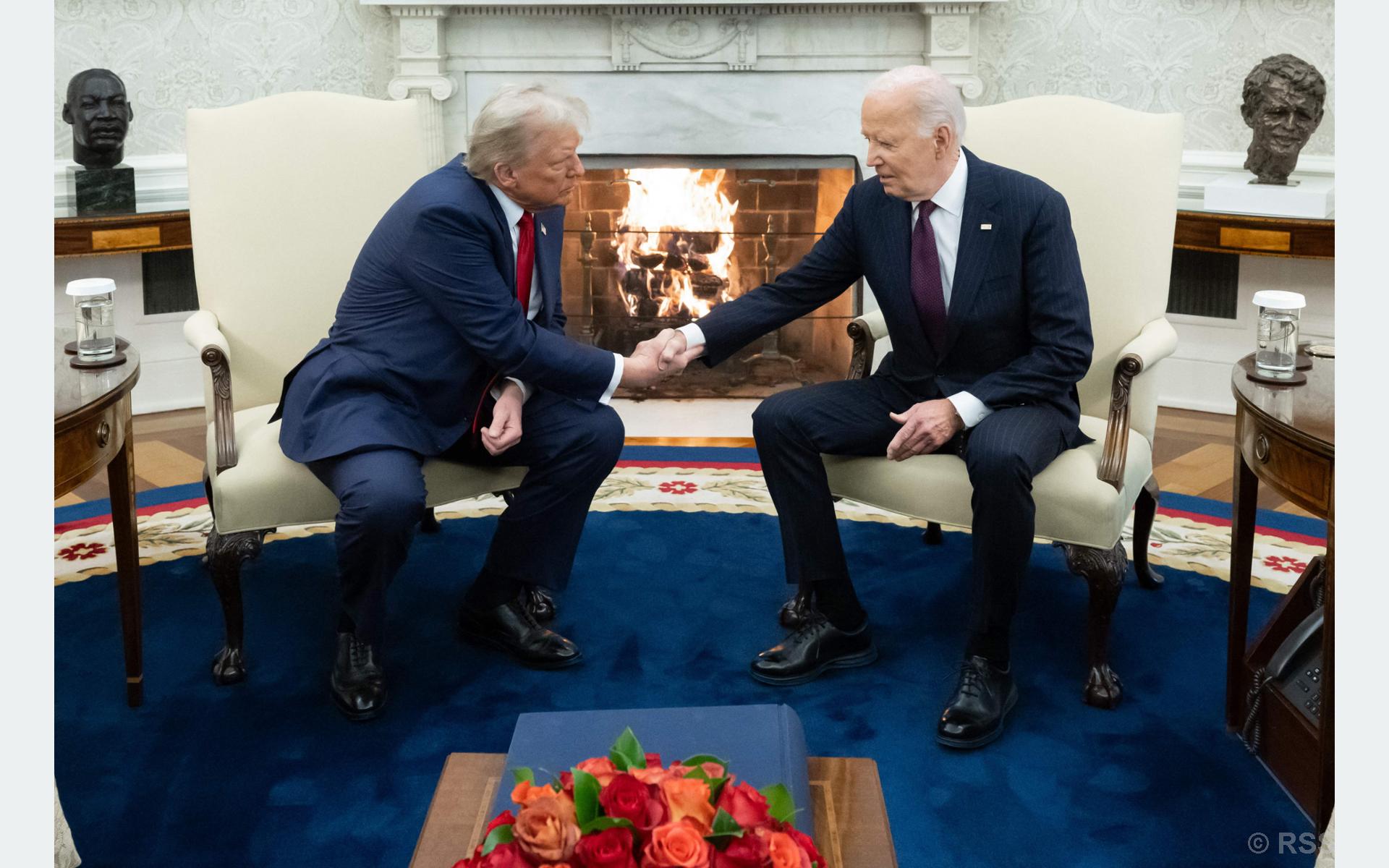 ‘Welcome back’: Trump, Biden shake hands in White House