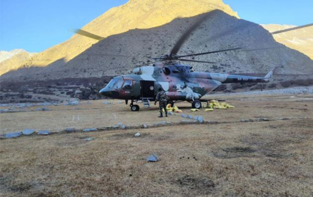 Helicopter transports food to Humla