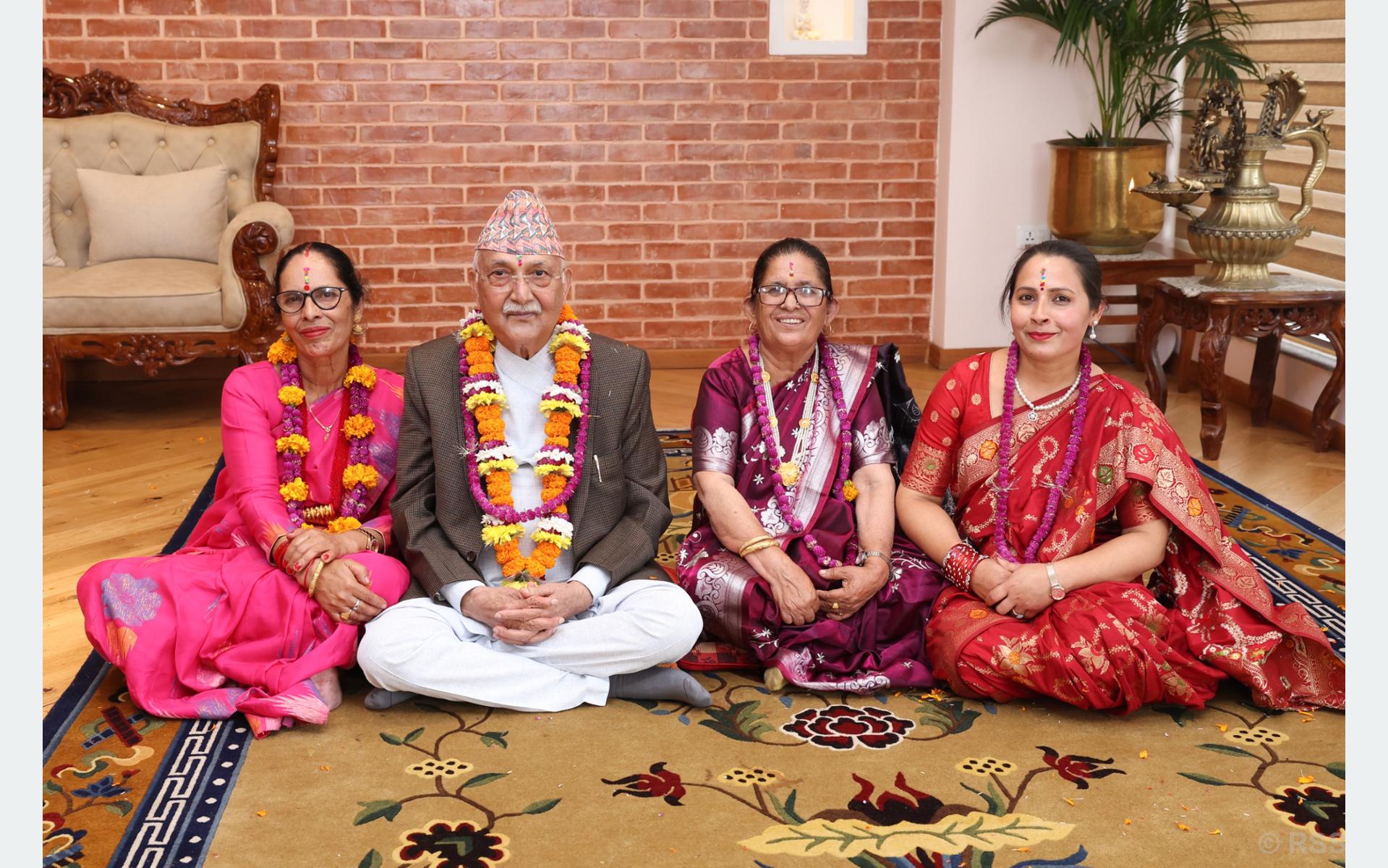 PM Oli receives ‘tika’ from his sisters