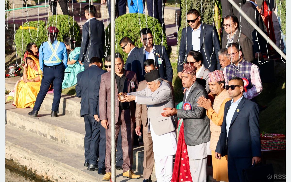 President Paudel offers worship to Chhathi Mata