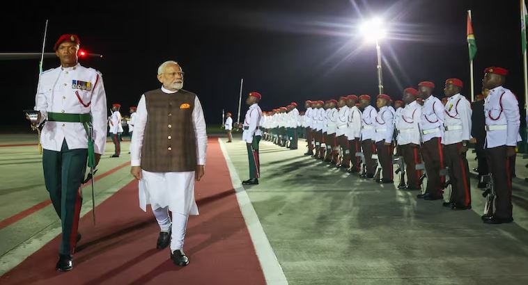 PM Modi lands in Guyana, received by President Irfaan Ali