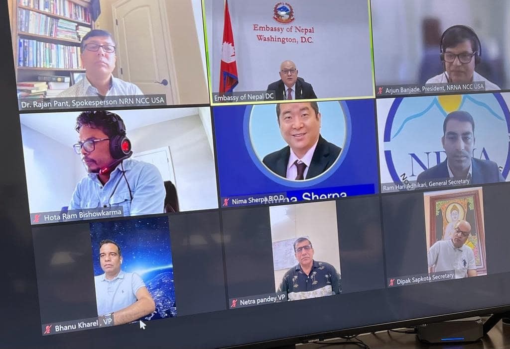 Nepalese Ambassador to USA Sridhar Khatri held an Introductory meeting virtually with NRNA  including others