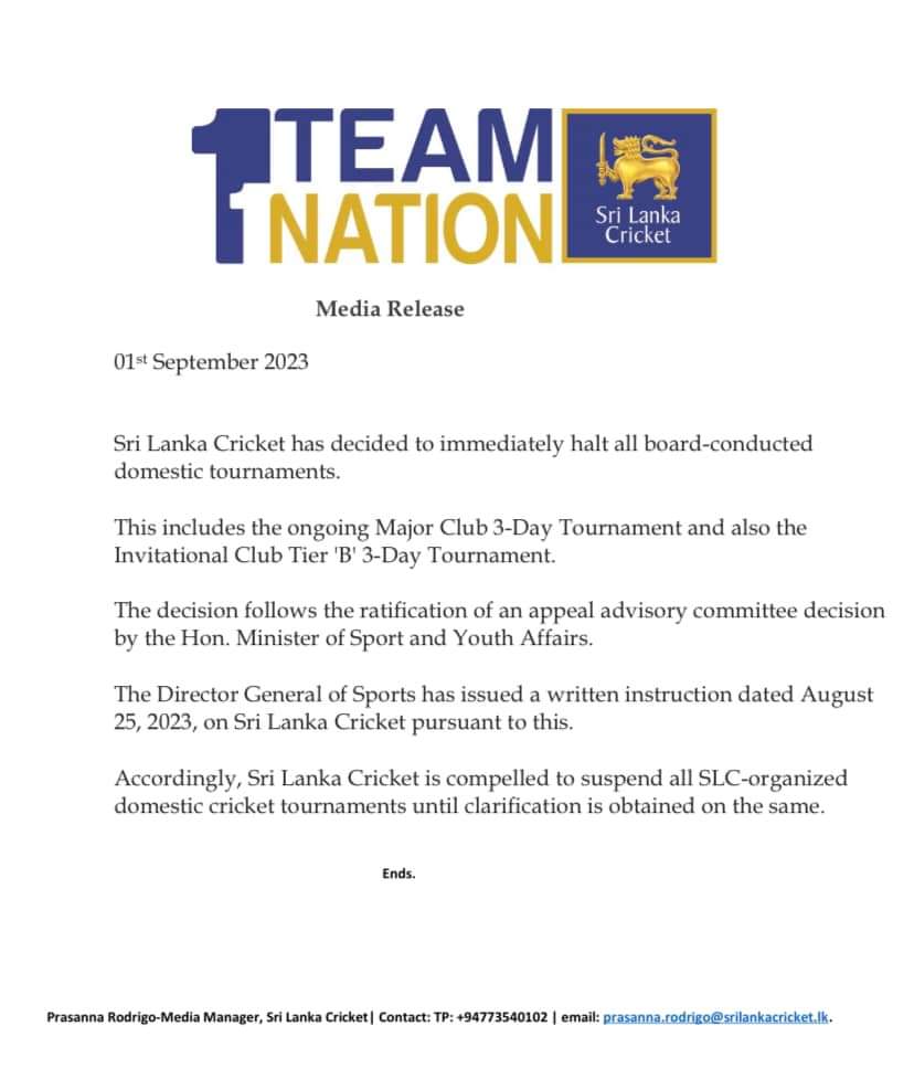 Sri Lanka Cricket Board cease all domestic competitions